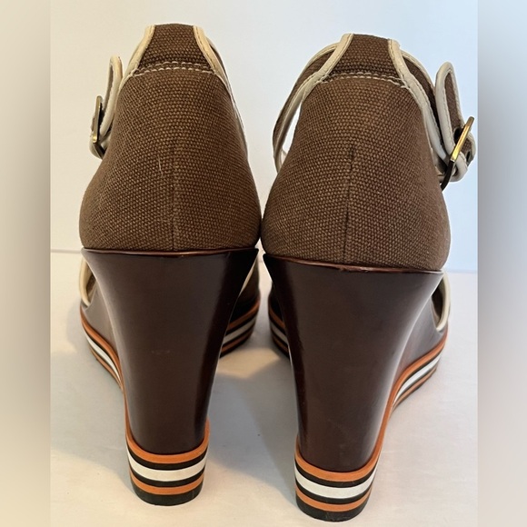 Cole Haan G Series Brown Canvas Stripes Peep Toe Wedge Heel Sandal - Picture 7 of 17